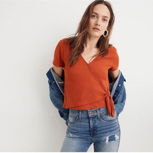 Madewell Texture & Thread V Neck Wrap Tie Crop Top Blouse Women's Medium Orange - Picture 1 of 9